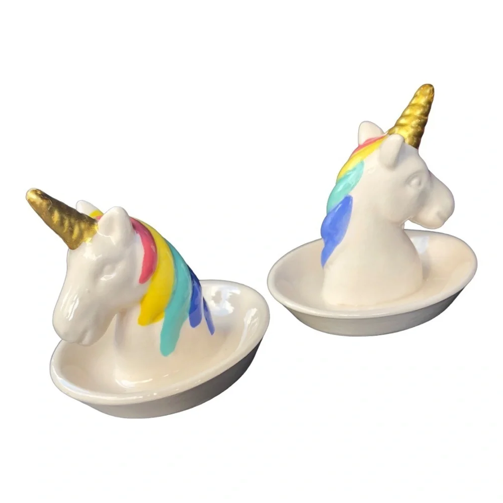 2 ivory ceramic rainbow gold unicorn horn ring jewelry holders new‎